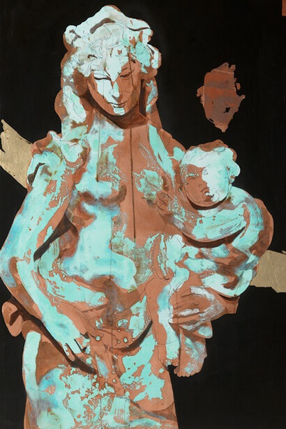 Marco Borgianni, da Jacopo Della Quercia "Acca larentia",
Siena, Santa Maria della Scala,
2014,
tecnica mista su tela con foglia di rame e ossidazione,
170,5 × 115,5 cm

