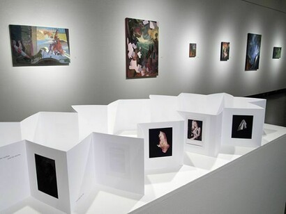 Installation View: Nathan Foxton, Installation view of Invention/Discovery, oil and acrylic on board, Natasha L. Holmes, Mesmerized, Photographic book