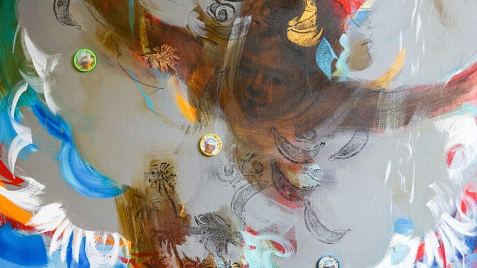 Scherezade García, "De isla a isla," 2015 (detail). 72" x 48". Acrylic, charcoal, paint on canvas. Courtesy of The National Museum of Mexican Art in Chicago
