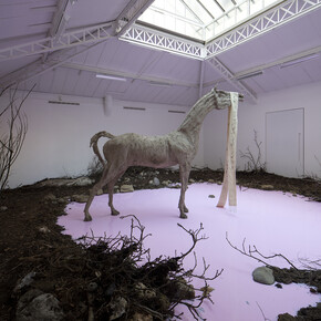 Petrit Halilaj, Yes but the sea is attached to the earth and it never floats around in space. The stars would turn off and what about my planet?, 2014, Installation. Techniques mixtes (terre, branches, feuilles mortes, pierres, savon), Dimensions variables, Vue de l'exposition « Yes but the sea is attached to the earth and it never floats around in space. The stars would turn off and what about my planet? », Kamel Mennour, Paris, 2014, © Petrit Halilaj, Photo: Fabrice Seixas, Courtesy the artist and Kamel Mennour, Paris