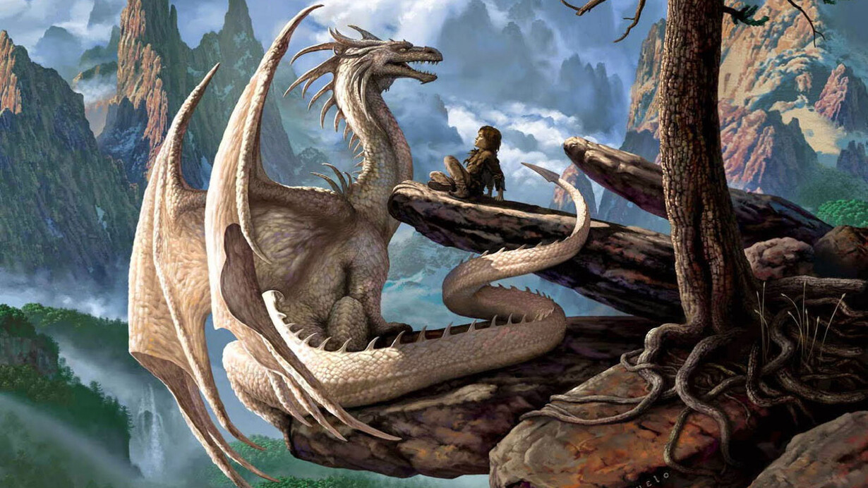 Ciruelo Cabral, Dragón Blanco hablando con un niño, incluida en la Muestra de Arte Fantástico “Diosas y dragones”