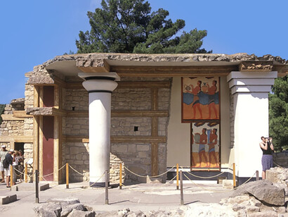 Knossos is a Bronze Age archaeological site on the island of Crete. It was a major center of the Minoan civilization and is famously associated with the Greek myth of Theseus and the Minotaur, Greece