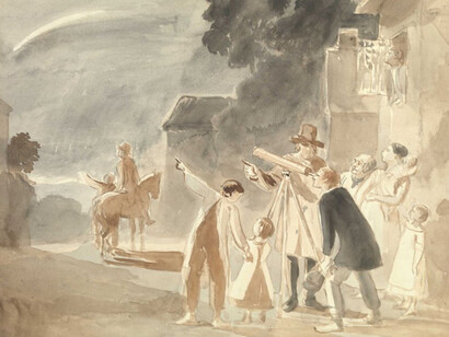 John James Chalon (1778-1854), pintor suizo formado en las escuelas de la Real Academia del Reino Unido, "Mirando el cometa Halley", acuarela de 1835, que representa la vista del cometa, en una calle de un pueblo de Europa. 