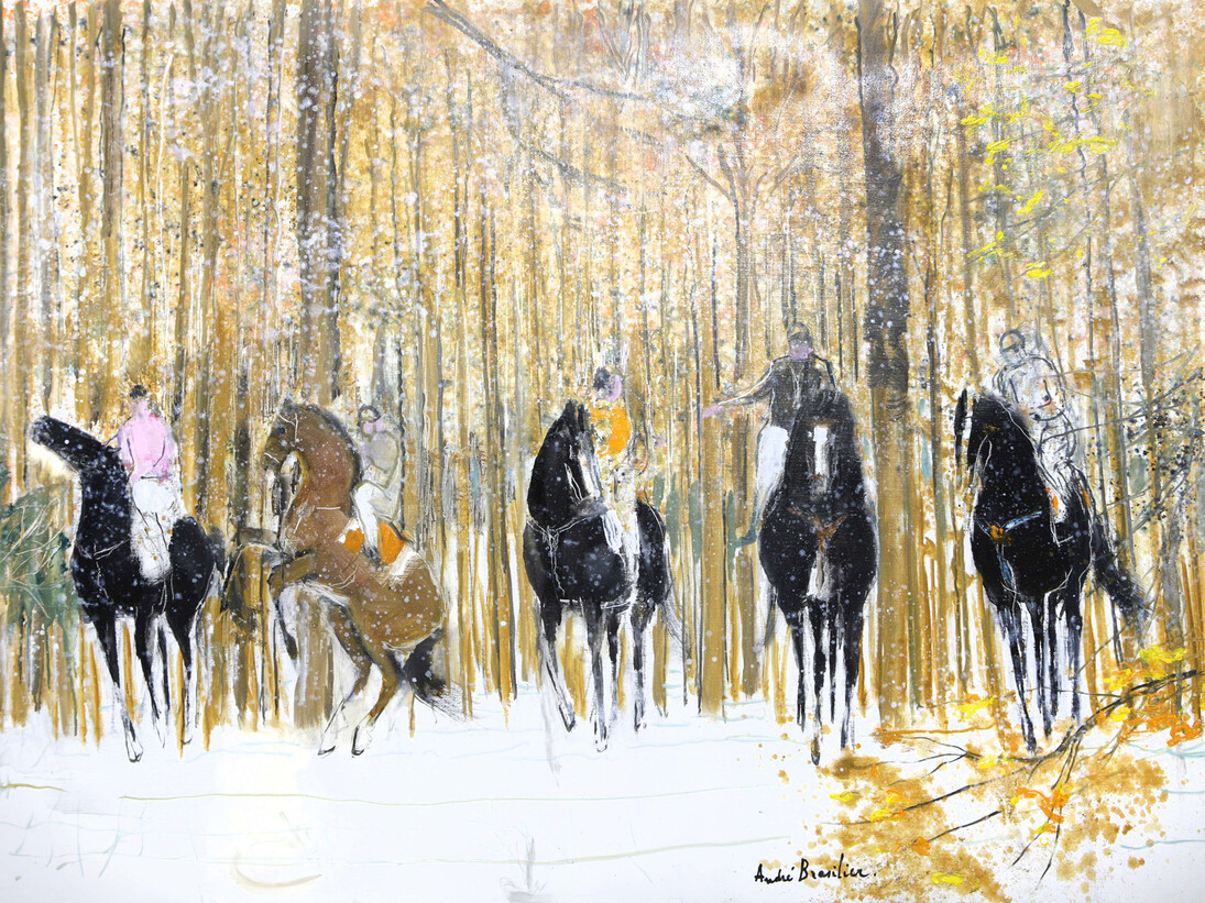 André Brasilier, Cavalcade Hivernale, 2014, Huile sur toile, 97 x 130 cm © Courtesy Opera Gallery