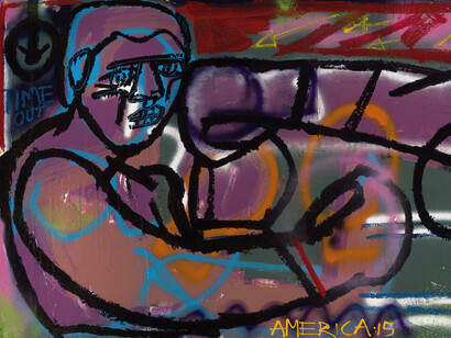 America Martin, I’m Gonna Pound You, 2015
Oil, Acrylic & Spray Paint on Paper
39-1/2 x 78-3/4 Inches
