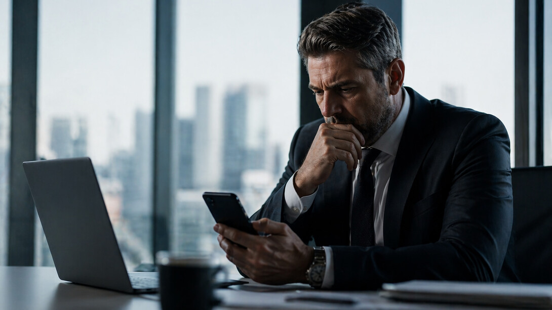 Homem alterna entre notebook e telemóvel no ambiente de trabalho, num retrato da sobrecarga digital que fragmenta a atenção e compromete a capacidade de concentração necessária para decisões estratégicas