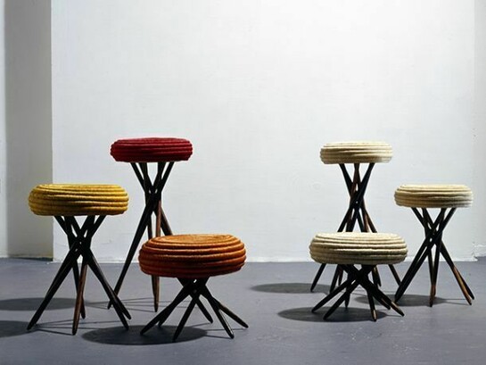 Ceci Arango (b. 1967). Corocora stools, 1993. Fique fiber spiral-woven over esparto fiber, macana palm wood base. Courtesy of the artist.