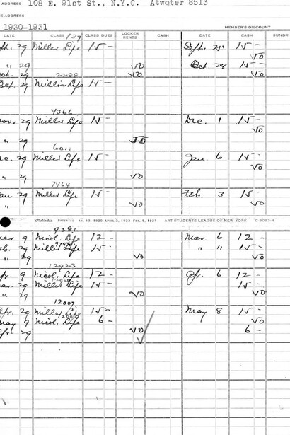 Louise Nevelson's student records, courtesy of the Art Students League of New York and Pace Gallery