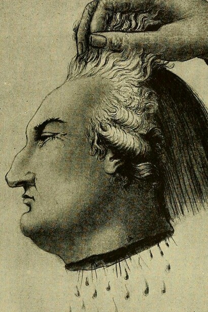 Caricatura de una decapitación, reproducida en el libro "Simbología y sátira en la Revolución Francesa", 1912