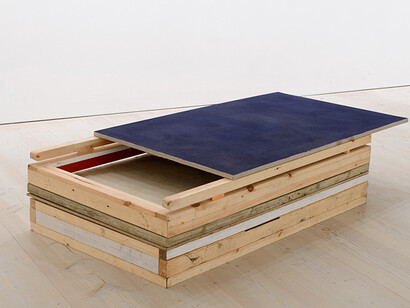 Finbar Ward, Chamber (Phthalo Blue Painting), 2013, Oil, spray paint, linen, wood, concrete, dust sheet, and staples, 180 x 90 x 50 cm, courtesy of the Saatchi Gallery, Photography © Sam Drake, 2014