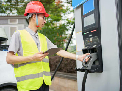 A middle-aged Asian electrical technician working at an electric vehicle charging station