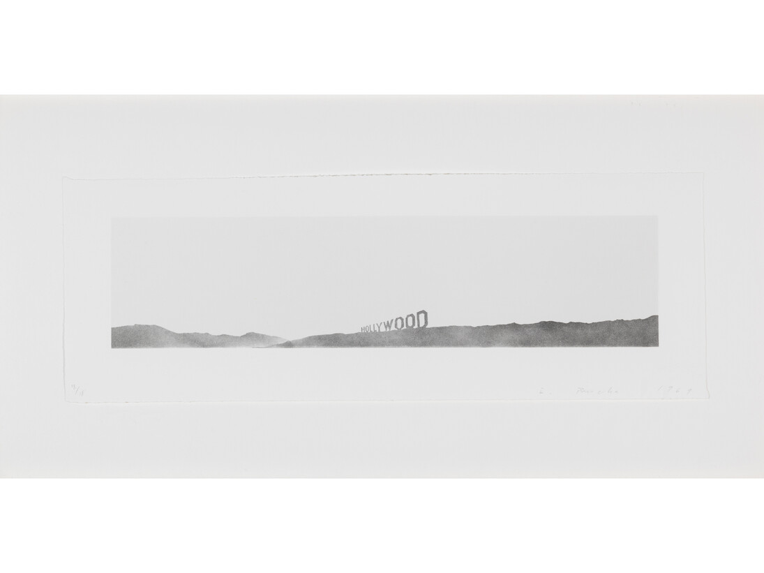 Ed Ruscha, Hollywood, 1969, Lithograph, 7 x 19 7/8 inches, 17.8 x 50.5 cm. © Ed Ruscha. Courtesy Gagosian Gallery. Photography by Robert McKeever