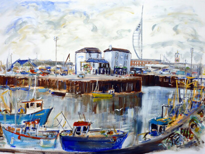 Josephine Chisholm, Fishing Boats & Bridge in Portsmouth, acrylic on paper, 44 x 56 cm
