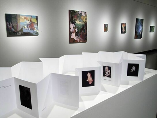 Installation View: Nathan Foxton, Installation view of Invention/Discovery, oil and acrylic on board, Natasha L. Holmes, Mesmerized, Photographic book