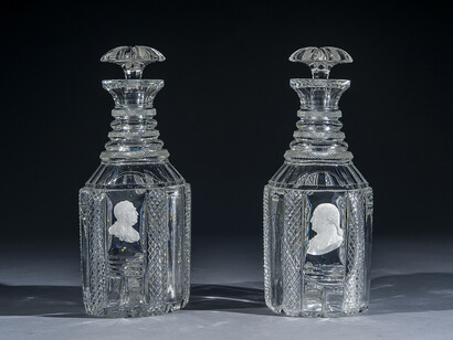 Pair Clear Glass Decanters with Sulphide Portraits of George Washington and Charles James Fox, about 1820–25, Apsley Pellatt (1791–1863), London (active 1811–1850), Glass, blown and cut, with sulphide incrustations, Each, 10 1/4 in. high. Photo credit: Eric W. Baumgartner