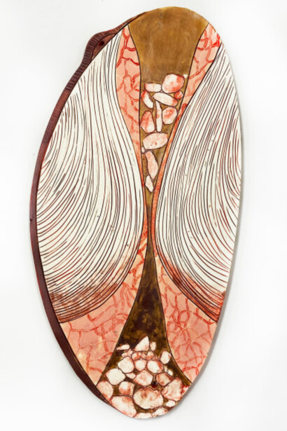 Gabriela Vainsencher, Hourglass, porcelain, underglaze, glaze, acrylic, 12.50hx6.50w inches. Courtesy of the Asya Geisberg Gallery

