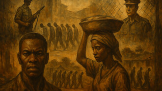 An evocative painting capturing the harsh realities of apartheid, depicting a Black man in solemn reflection, laborers under duress, and figures of authority, all woven together in a powerful portrayal of struggle and oppression