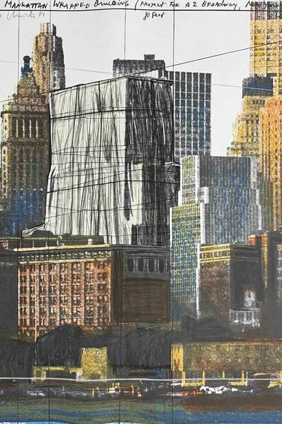 Christo and Jeanne-Claude, Lower Manhattan wrapped building, project for 2 Broadway, New York. Courtesy of Turner Carroll