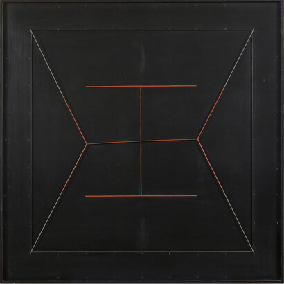 Gianni Colombo, Spazio elastico, doppia I rossa, 1979, wood, paint, nails and extendable metal wire, 97 x 97 cm