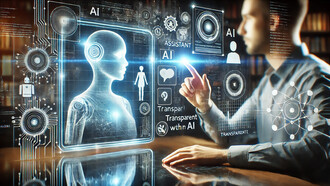 Futuristic scene of human-AI interaction with elements of communication, technology, and collaboration