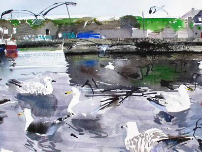John Short, Birds in Slade Harbour, ink and watercolour, 100x35cm. Courtesy of Solomon Fine Art