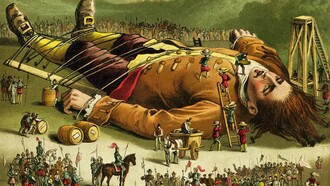 A painting portraying Gulliver being tied up by the island people of Lilliput