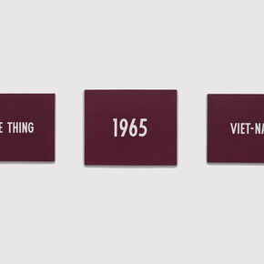 On Kawara, Title, 1965, Acrylic on canvas, triptych, Left panel: 46 3/8 x 61 3/8 inches (117.8 x 155.9 cm); center panel: 51 1/4 x 62 3/4 inches (130.2 x 159.4 cm); right panel: 46 1/4 x 61 3/8 inches (117.5 x 155.9 cm), National Gallery of Art, Washington D.C., Patrons’ Permanent Fund