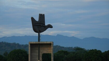 The Open Hand Monument with the Shivaliks in Chandigarh