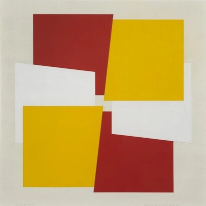 John Carter, Slip Line, Red, Yellow, White II, 2017, Acrylic gouache on paper, 51.2 x 51.2 cm, Courtesy of the Artist and Redfern Gallery, London