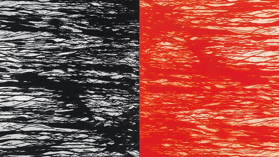 Richard Long, Love Minus Zero/No Limit (detail), 2014, A two panel carborundum relief, left panel printed in a Black/Ultramarine Blue ink mix, right panel in a Vermilion/Ruby Madder/Primrose ink mix on Hahnemühle Etching White 350 gsm paper. Overall 121.5 x 388 cm, Edition of 2, Courtesy Richard Long and Alan Cristea Gallery, London
