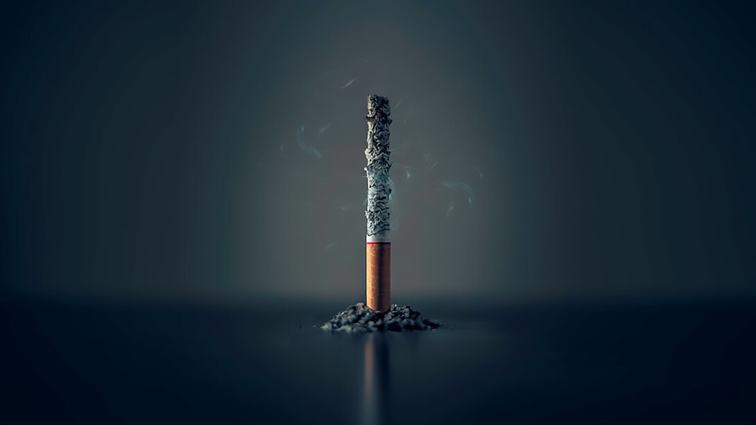A lone cigarette, standing tall with its ash clinging, epitomizing a moment frozen in time