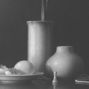Skip Steinworth, White still life with iris and string, 2022. Courtesy of LewAllen Galleries