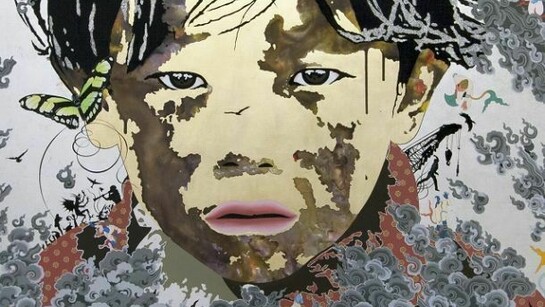Tsherin Sherpa, Untitled 2 (Golden Child/Black Clouds), 2013 White and yellow gold leaf, acrylic, alcohol ink, glitter on linen 91.5 x 173 cm (36 x 68 in)