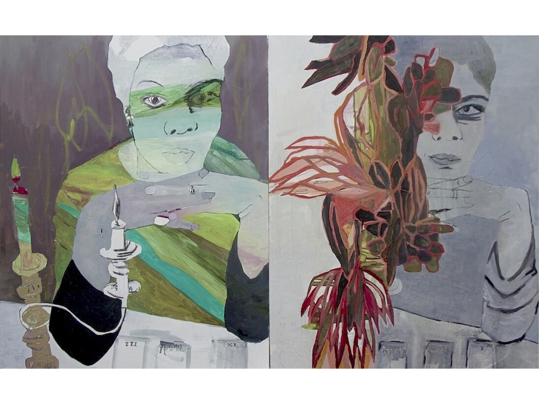 Gina Magid, Nina Simone Le lecteur de tarot, 2013, Oil paint and charcoal on canvas, Diptych, each panel, 30 x 24 in (76 x 61 cm)