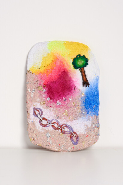 Ludovica Gioscia, Temporal Tablet 5, 2018. Paper mache created from debris belonging from Giant Decollages from the future, magazine, acrylic paint, screenprinting ink, pva glue, wallpaper paste, tin foil and parts of accessories created in fimo in 1994 and 1998. 24 x 36 x 1.5 cm. Photographer Jonathon Bassett. Courtesy of VITRINE.