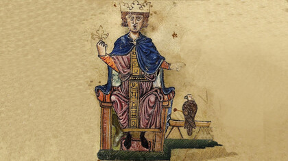 Federico II e il suo falco. Dal suo libro "De arte venandi cum avibus" (L'arte di cacciare con gli uccelli). Da un manoscritto della Biblioteca Vaticana, Pal. lat 1071, fol. 1), fine XIII secolo