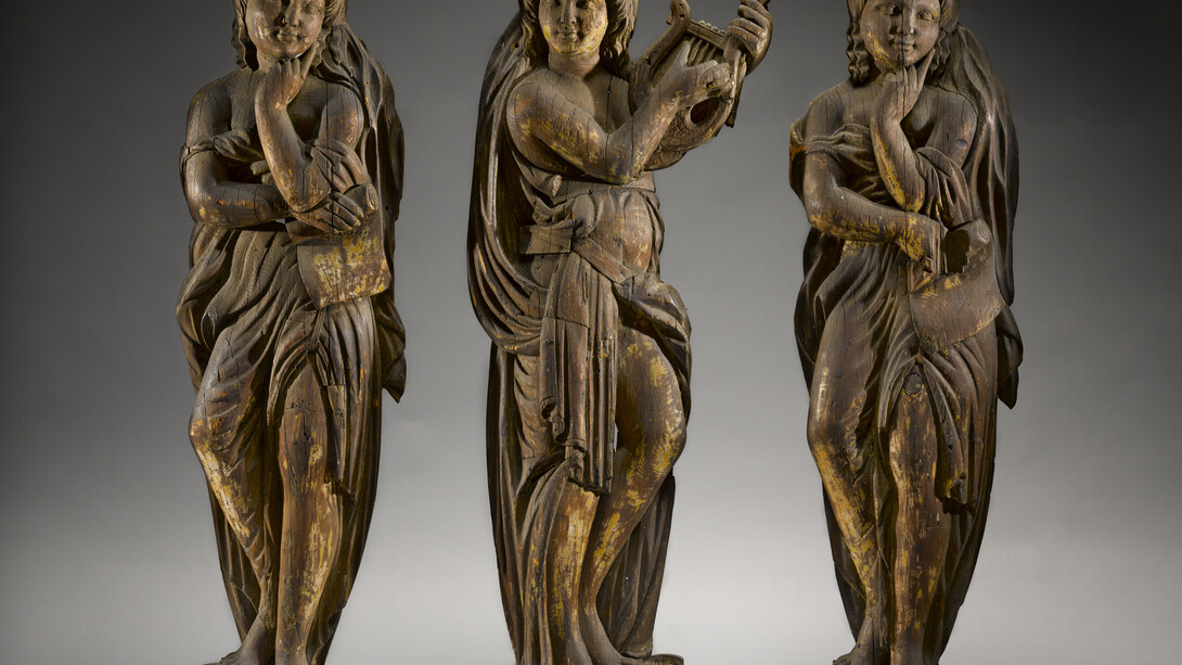 Three Muses from Barnum & Bailey Circus Wagon, New York City, c. 1882–1903, Carved wood, Approx. 50 x 13 x 3" each, American Folk Art Museum, New York Gift of Altria Group, Inc., 2008.9.5–7 Photo by Gavin Ashworth 
