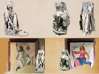 Tres de las cuatro Musas (Terpsícore, Calíope, Melpómene, Erato) conservadas en el Prado, procedentes de Villa Adriana, elaboradas gráficamente con la eliminación de las restauraciones, en comparación con las Musas pintadas por Bramantino en el Studiolo delle Muse (1499-1503) del castillo de Voghera