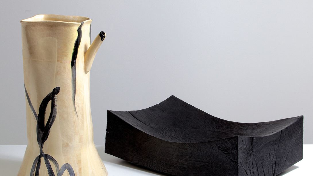 Alison Britton, 'Slide'and Jim Partridge 'Big Rectangular Block' (both 2014), image © Philip Sayer, courtesy of Marsden Woo Gallery (2014)