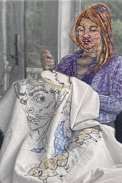 Orly Cogan, Stitching schiele (detail), 2021. Courtesy of Robert Mann Gallery