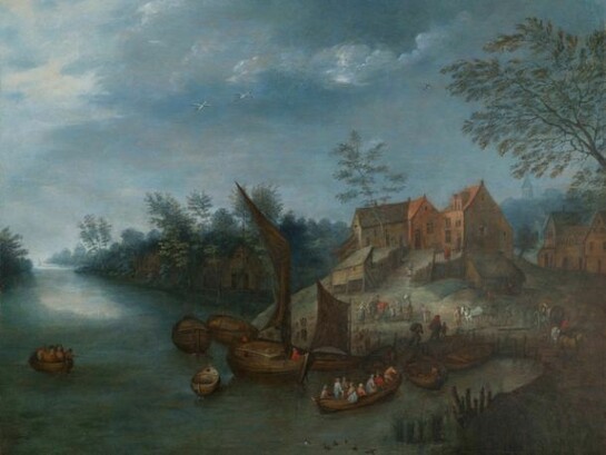 Jan Brueghel il Giovane, Paesaggio fluviale con contadini, 1640 ca. Olio su rame inserito su tavola, 38x50 cm Regno Unito, collezione privata
