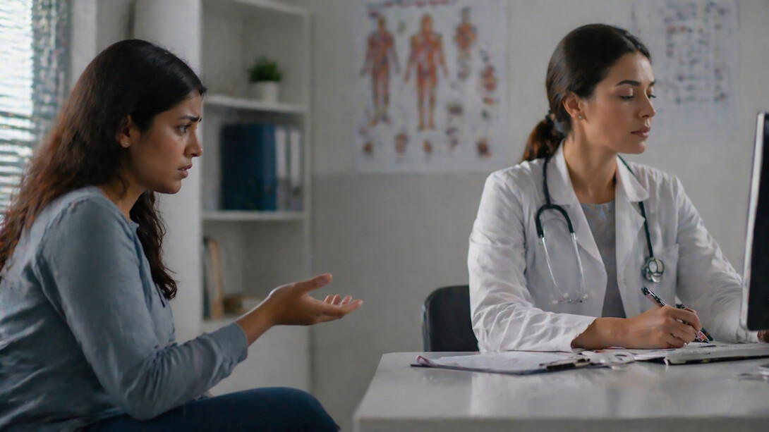 A patient speaks with concern while the doctor remains focused on her notes, reflecting the all-too-common experience of women’s symptoms being overlooked or dismissed in clinical care