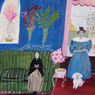 Maira Kalman, Room with piano and dog, 2023. Courtesy of Mary Ryan Gallery 