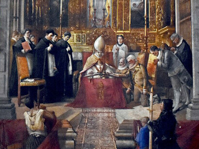 "Jura del patronato 1737", Félix Parra (óleo sobre tela, detalle). Interior de la Antigua Basílica de Guadalupe, México