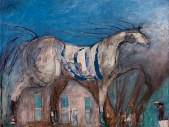 Karen Gibbons, Sue In Memory of You, acrylic and collage on canvas, 52"" x 68"