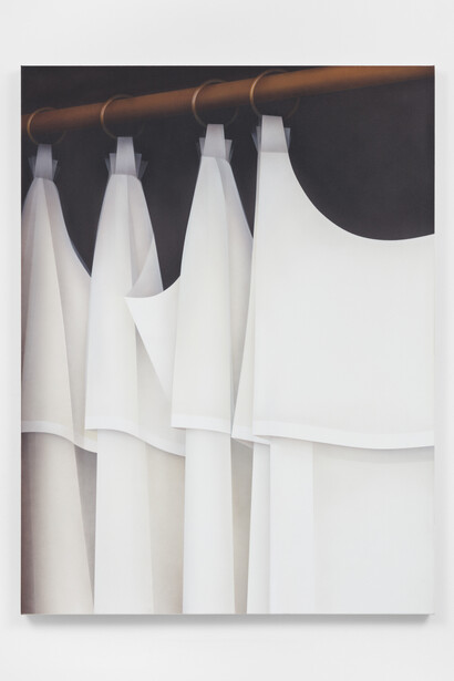 Alexandra Barth, Restaurant Curtain, 2023, Acrylic on Canvas, 47 1/4 x 35 3/8 inches, 120 x 90 cm. Courtesy of Mrs. Gallery. Photograph by Olympia Shannon