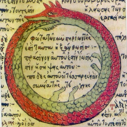 Disegno dell'Uroboro da un manoscritto alchemico greco bizantino del tardo Medioevo. Fol. 279 del "Codex Parisinus graecus 2327", una copia, realizzata da Theodoros Pelecanos (Pelekanos) di Corfù a Khandak, Iraklio, Creta nel 1478, di un manoscritto perduto di un trattato altomedievale attribuito a Sinesio (Synesius) di Cirene (morto nel 412). Il testo del trattato è attribuito a Stephanus di Alessandria (VII secolo)