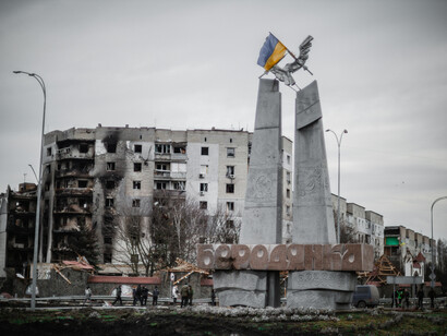 Patriotic monument in the middle of the demolished Borodyanka city, Ukraine