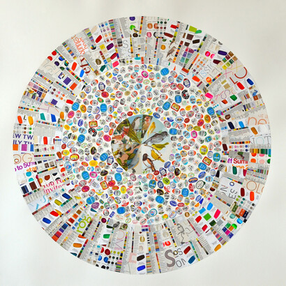 Josette Urso, Clementine, 2014, paper collage on paper, 36 x 36 inches (unframed), 38 x 38 inches (framed)