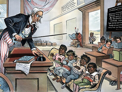 Caricature showing Uncle Sam lecturing four children labelled Philippines (who appears similar to Philippine leader Emilio Aguinaldo), Hawaii, Porto[sic] Rico and Cuba in front of children holding books labelled with various U.S. states